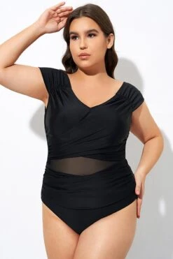 Black Mesh Cap Sleeve Cut Out One Piece Swimsuit -Bikini By Muse dsc07685