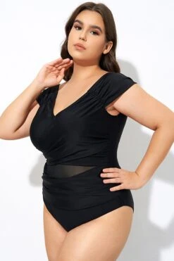 Black Mesh Cap Sleeve Cut Out One Piece Swimsuit -Bikini By Muse dsc07704