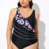 Black Flower Printed Women One Piece Swimsuit