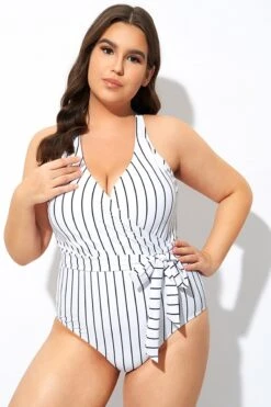 Stripe Print Tie Front Center One Piece Swimsuit -Bikini By Muse dsc07907
