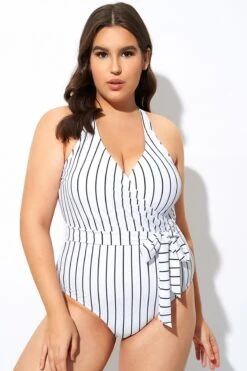Stripe Print Tie Front Center One Piece Swimsuit -Bikini By Muse dsc07908