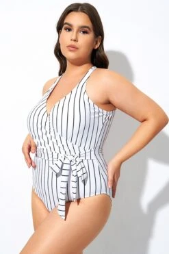 Stripe Print Tie Front Center One Piece Swimsuit -Bikini By Muse dsc07939