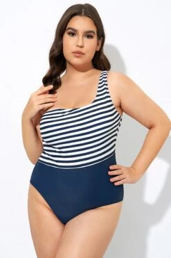 Blue And White Stripe One Shoulder One Piece Swimsuit -Bikini By Muse dsc08087