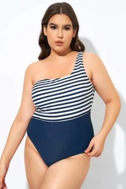 Blue And White Stripe One Shoulder One Piece Swimsuit
