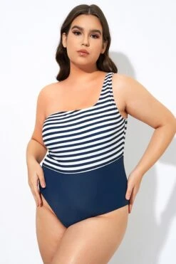 Blue And White Stripe One Shoulder One Piece Swimsuit -Bikini By Muse dsc08098