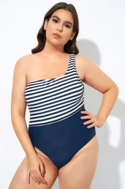Blue And White Stripe One Shoulder One Piece Swimsuit -Bikini By Muse dsc08103