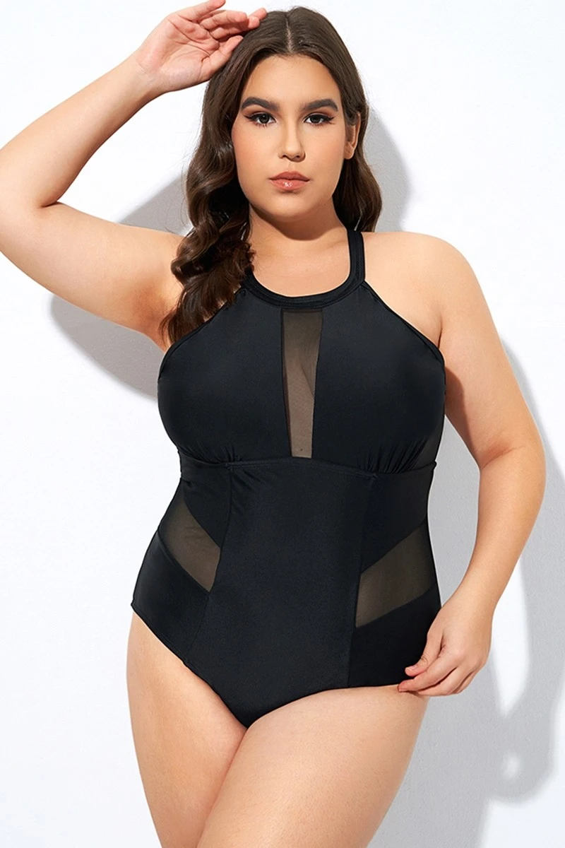Black High Neck Plunge Mesh Cutout One Piece Swimsuit 1 Black High Neck Plunge Mesh Cutout One Piece Swimsuit