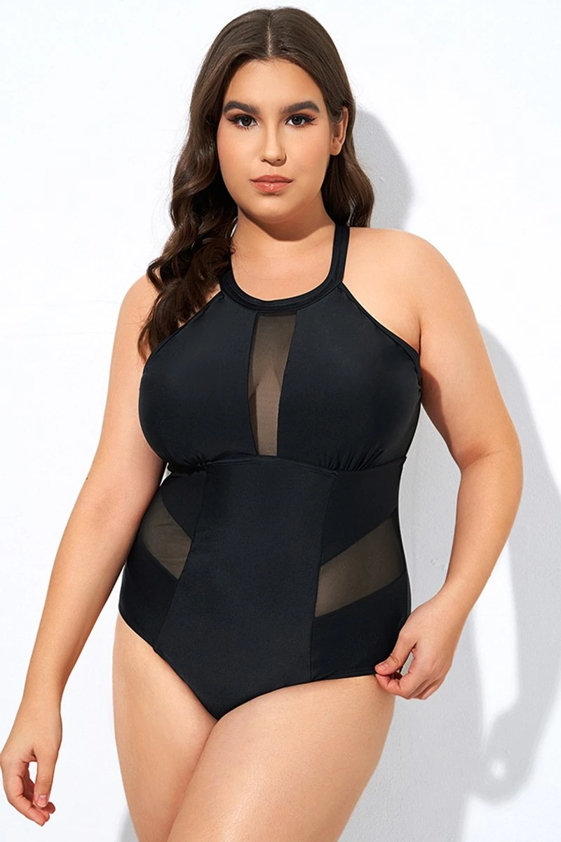 Black High Neck Plunge Mesh Cutout One Piece Swimsuit 5 Black High Neck Plunge Mesh Cutout One Piece Swimsuit - Image 5