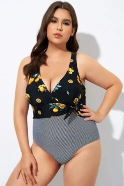 Lemon Stripes Print Front Lining One Piece Swimsuit -Bikini By Muse dsc08241