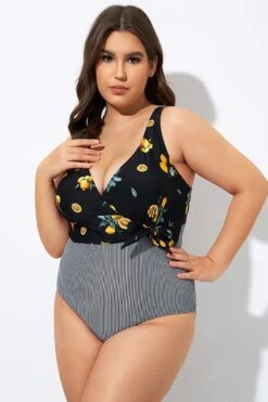Lemon Stripes Print Front Lining One Piece Swimsuit -Bikini By Muse dsc08257