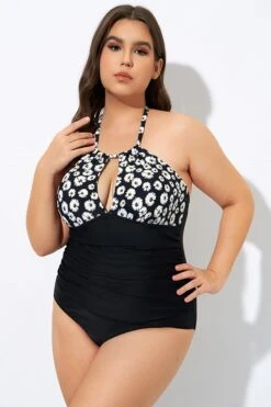 Daisy Print Cutout High Neck One Piece Swimsuit -Bikini By Muse dsc08307