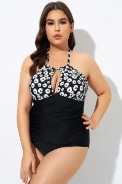 Daisy Print Cutout High Neck One Piece Swimsuit -Bikini By Muse dsc08311