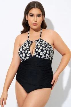 Daisy Print Cutout High Neck One Piece Swimsuit
