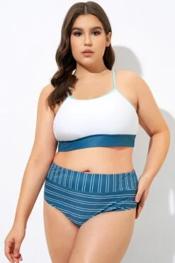 Teal Striped Women Bikini Top
