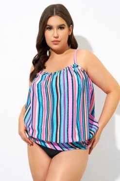 Women Stripe Bandeau Blouson Tankini Top -Bikini By Muse dsc09549