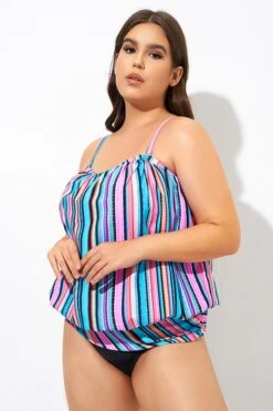 Women Stripe Bandeau Blouson Tankini Top -Bikini By Muse dsc09579